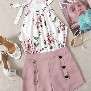 2pc SHEIN set- halter tie-neck top & shorts